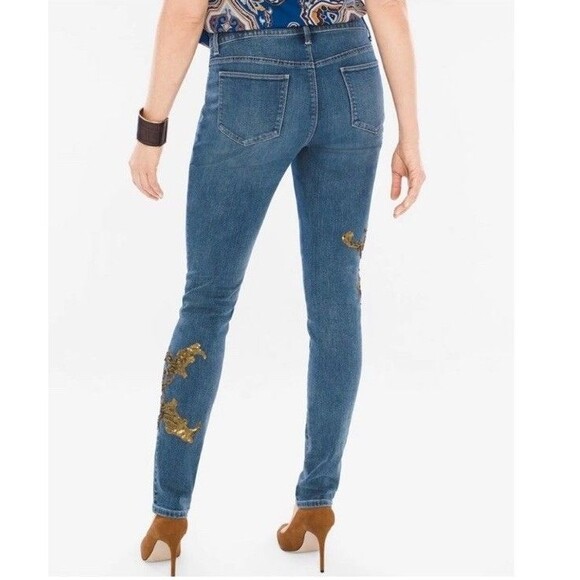 Chicos Platinum Jegging 0.5 Size 6 Gold Leaf Sequin Embellished Stretch Denim - Picture 11 of 12